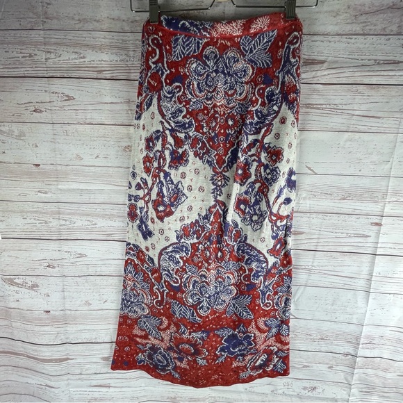 PERUVIAN CONNECTION Red, Blue & Ivory Knit Pima Cotton Skirt Paisley Sz S Boho - Picture 5 of 6